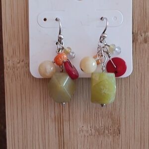 Silver Tone Multi Colored Faux Stone Bead Dangle Earrings